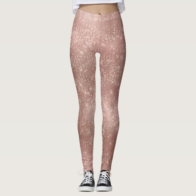 Glitter Silver Brush  Glam Pink Rose Gold Sparkly Leggings (Front)