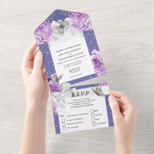 glitter silver butterfly purple rose all in one invitation