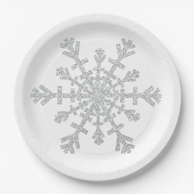 Glitter Silver Christmas Snowflake on White Paper Plate (Front)
