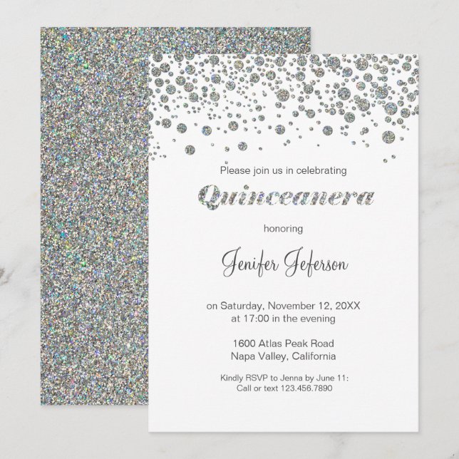 Glitter silver confetti Quinceanera Invitation (Front/Back)