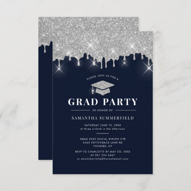 Glitter Silver Drip Cap Graduation 2022 Grad Party Invitation (Front/Back)
