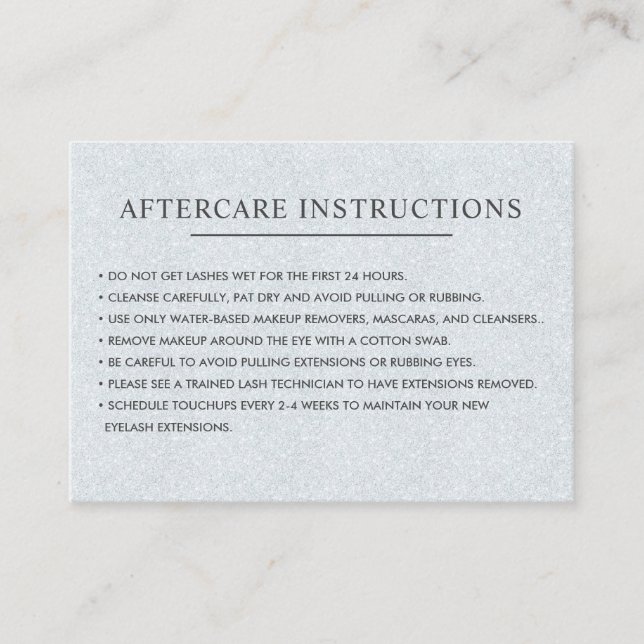 Glitter Silver eyelash brow aftercare Instructions Business Card (Front)