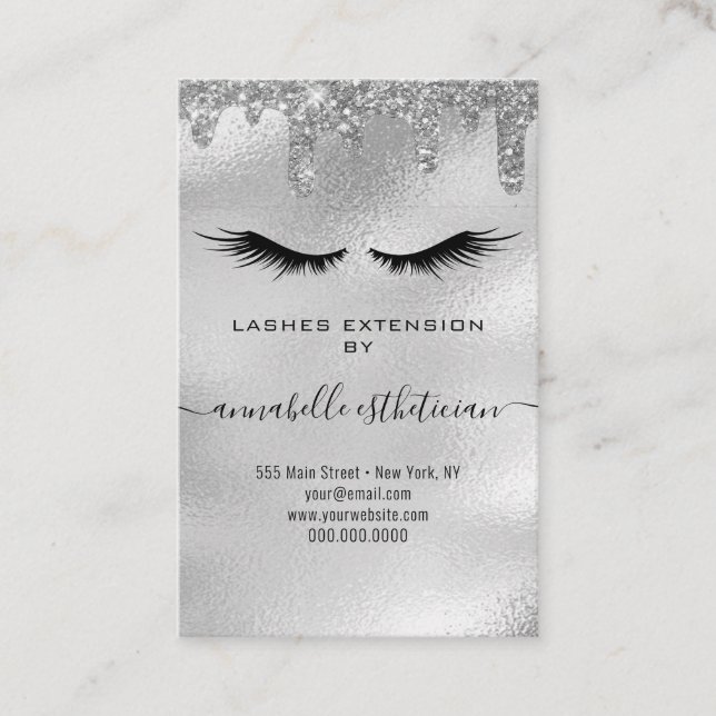 Glitter Silver Eyelash Extension Client Record Business Card (Front)