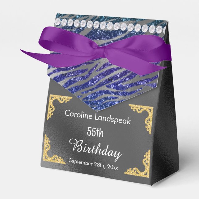 Glitter Silver Foil Dark Blue Zebra Print Birthday Favour Box (Front Side)