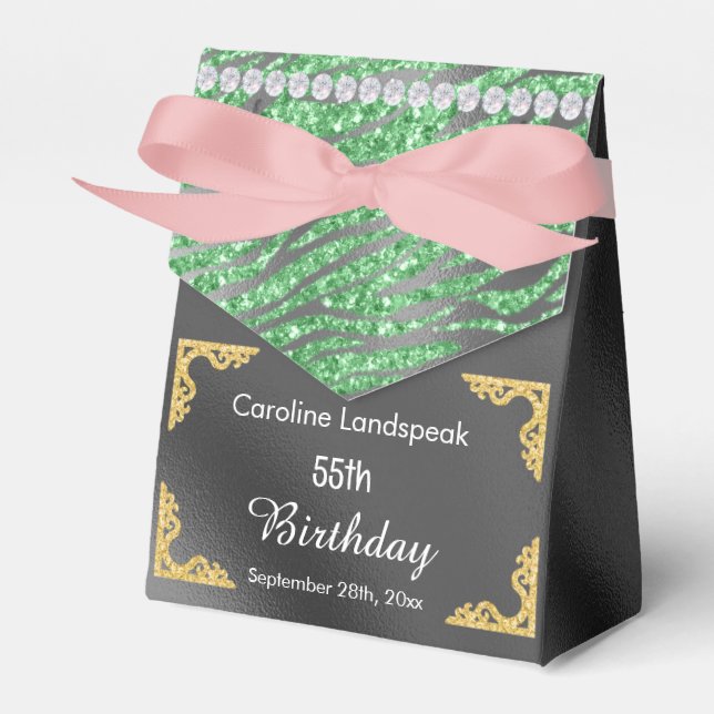 Glitter Silver Foil Green Zebra Print Birthday Favour Box (Front Side)