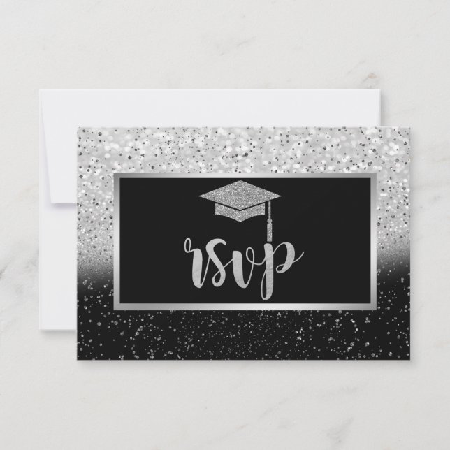 Glitter Silver Grad Cap,Confetti Graduation Party RSVP Card (Front)