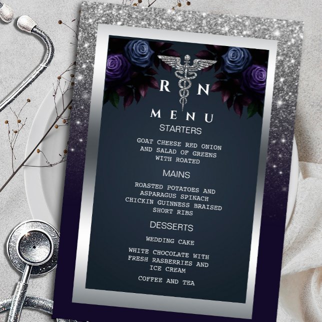  Glitter Silver Navy Blue Florals Menu Medical  Invitation ("Join us for an elegant RN celebration with a sophisticated menu, silver glitter accents, and floral)