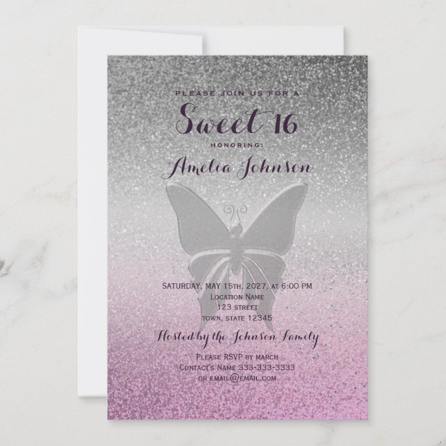 Glitter Silver Pink Sweet 16 Birthday Invitation (Front)