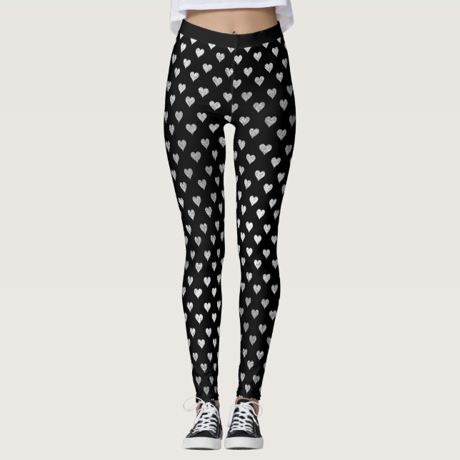 Glitter Silver Small Hearts Black Delicate Sparkly Leggings (Front)