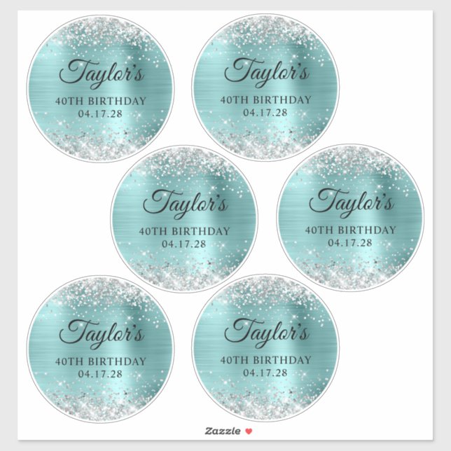 Glitter Silver & Turquoise 40th Birthday 5" Circle (Sheet)