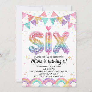 Glitter SIX Girly Rainbow Sequin 6th Birthday Invitation