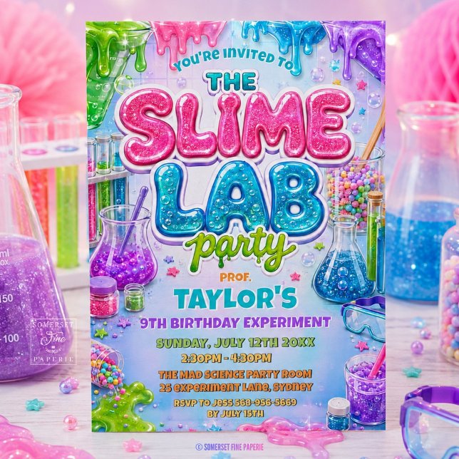 Glitter Slime Science Lab Birthday Party Invitation (science party experiment slime lab birthday invitation printed card and editable template)
