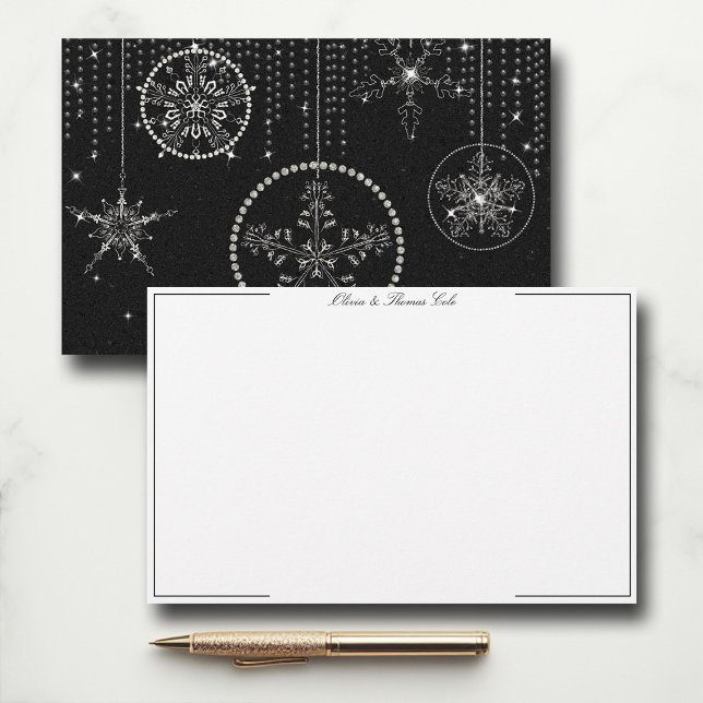 Glitter Snowflakes Black White Elegant Classy Chic Stationery (christmas thank you card couple stationery wedding holidays winter snowflakes rhinestones glitter)