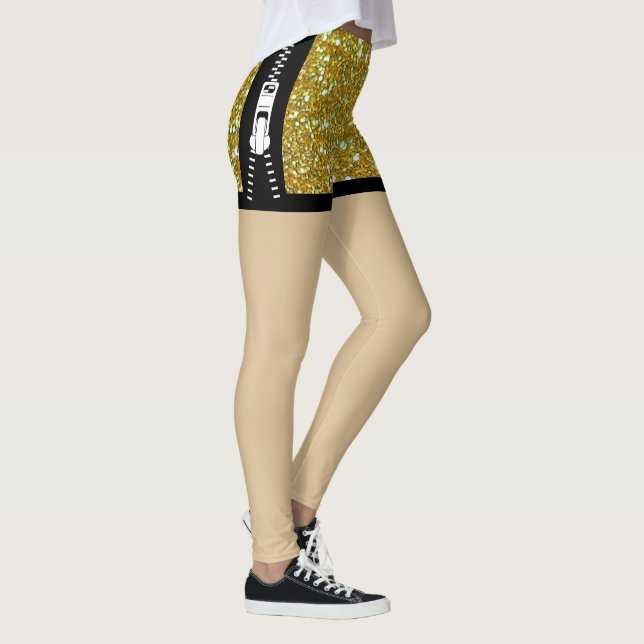 Glitter sparkle golden Unique Zipper Chic Design Leggings (Right)