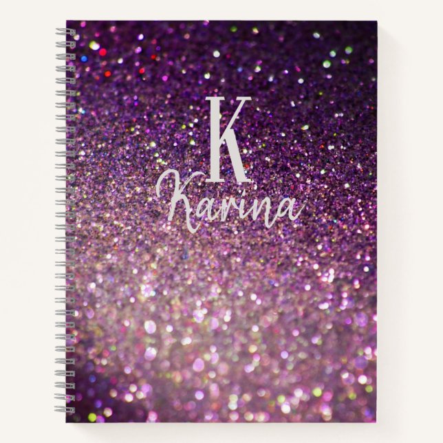 Glitter sparkle monogram script name purple recipe notebook (Front)
