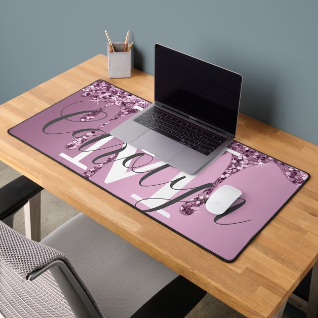 Glitter Sparkle Rose Blush Girly Pink Name Desk Mat (Office 2)