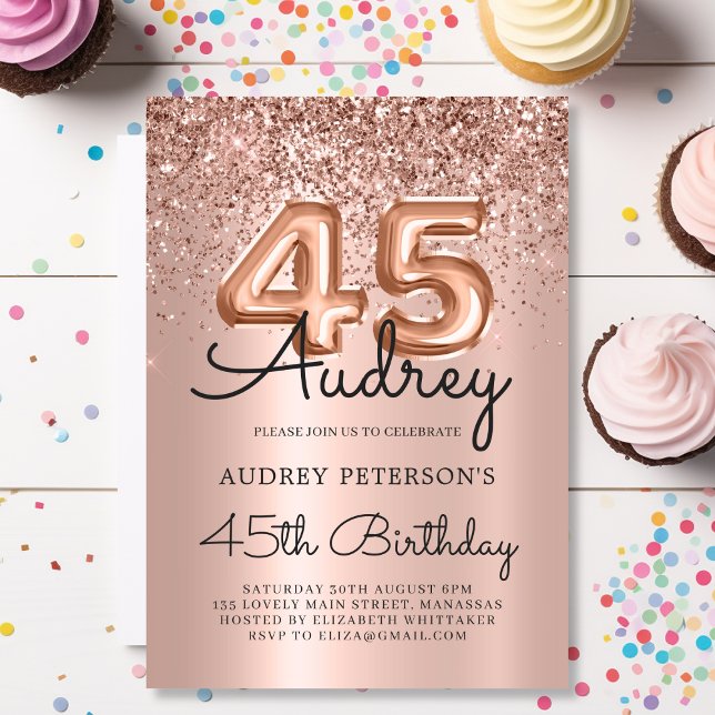 Glitter Sparkle Rose Gold Balloon 45th Birthday  Invitation (Creator Uploaded)