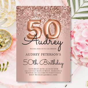 Glitter Sparkle Rose Gold Balloon 50th Birthday Invitation