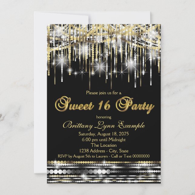Glitter Sparkle Sweet Sixteen Party Black and Gold Invitation (Front)
