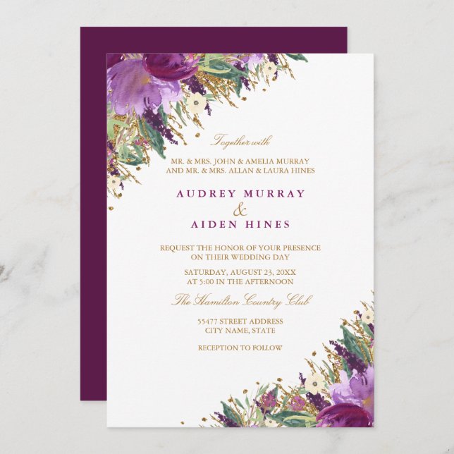 Glitter Sparkling Amethyst Purple Floral Wedding Invitation (Front/Back)