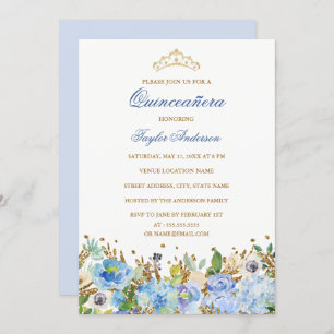 Glitter Sparkling Blue Floral Quinceanera Invite