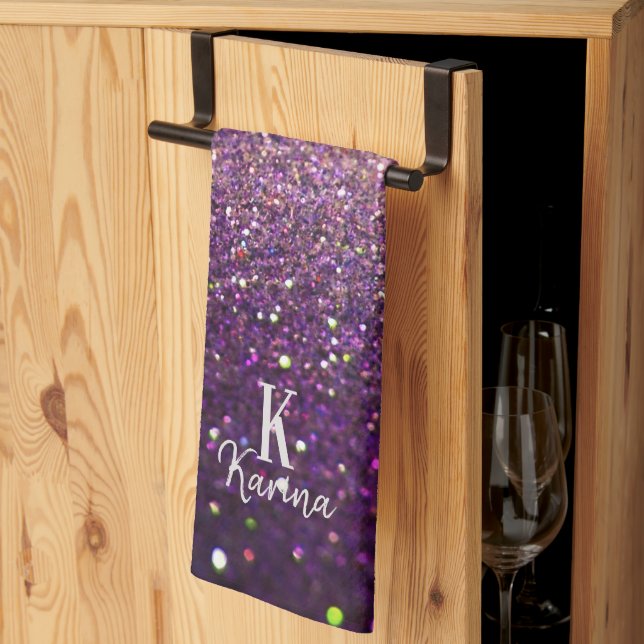 Glitter sparkling purple silver name monogrammed tea towel (Thirds Fold)