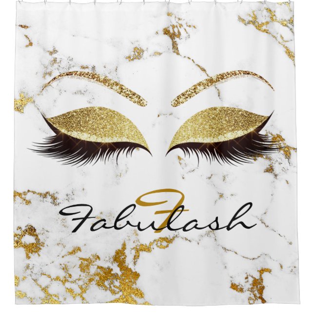 Glitter Sparkly Monogram Name Gold White Marble Shower Curtain (Front)