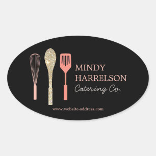 Glitter Spoon Whisk Spatula Bakery Catering Black Oval Sticker