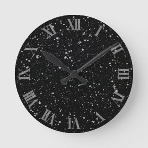 Glitter Stars2 - Silver Black Round Clock
