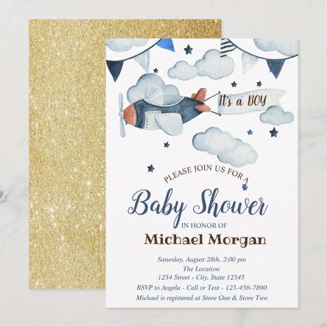 Glitter,Stars,Clouds,Aeroplane Baby Shower Invitation (Front/Back)