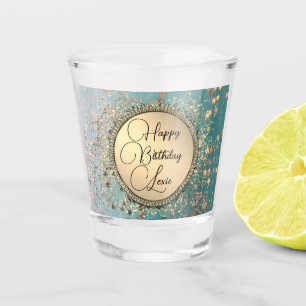 Glitter Stars on Blue Teal Birthday Customized Shot Glass