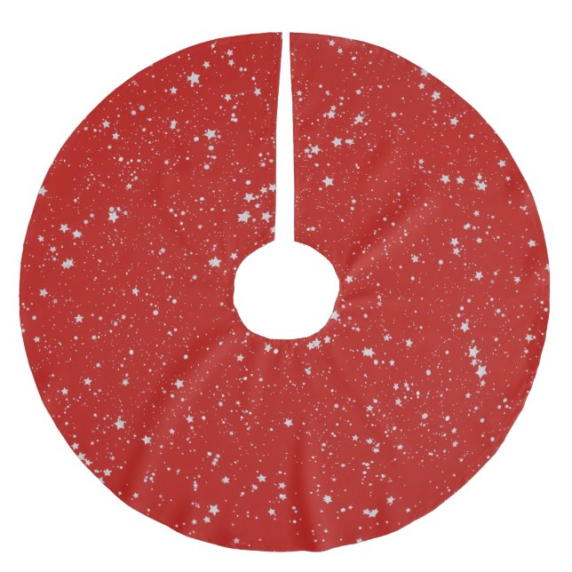 Glitter Stars - Silver Red Brushed Polyester Tree Skirt (Front)