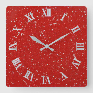 Glitter Stars - Silver Red Square Wall Clock