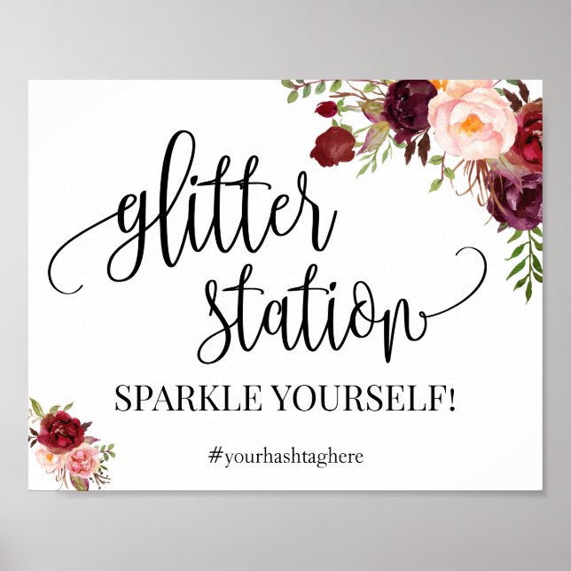 Glitter station sign marsala floral bridal shower (Front)