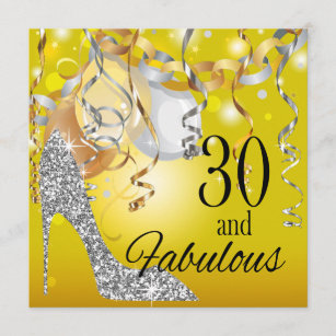 Glitter Stiletto 30th Birthday   yellow silver Invitation