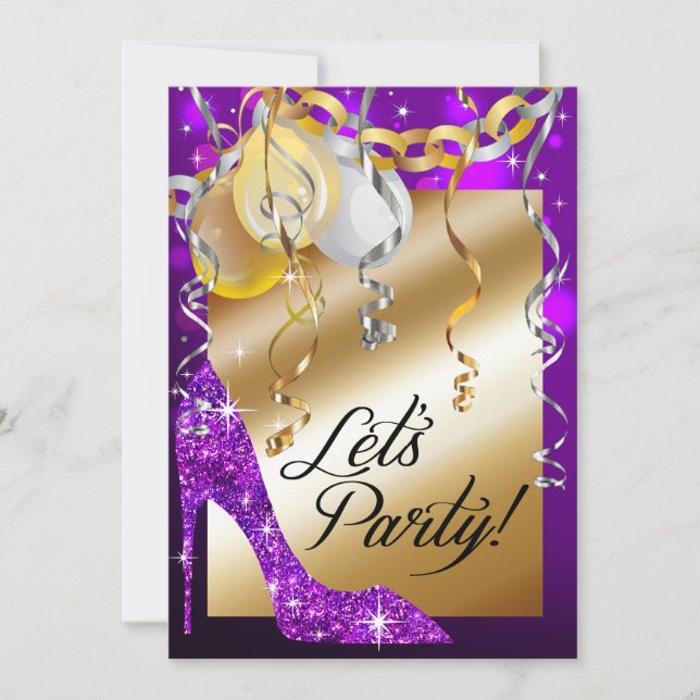 Glitter Stiletto Balloons 21st Birthday purple Invitation (Front)