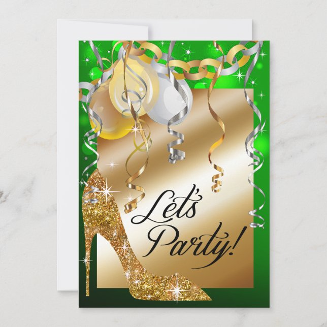 Glitter Stiletto Balloons 30th Birthday emerald Invitation (Front)