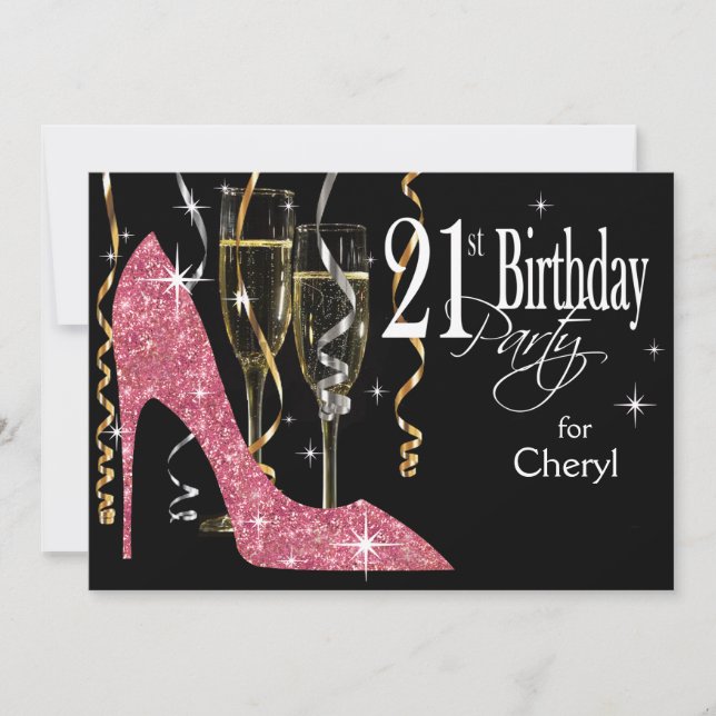 Glitter Stiletto Champagne 21st Birthday Pink Invitation (Front)