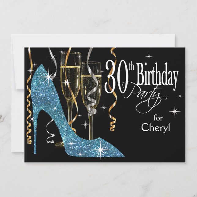 Glitter Stiletto Champagne 30th Birthday baby blue Invitation (Front)