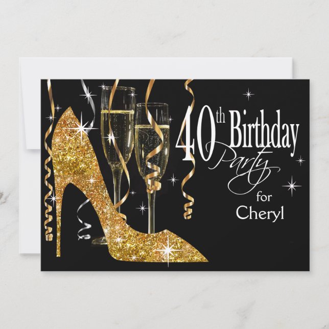 Glitter Stiletto Champagne 40th Birthday gold Invitation (Front)