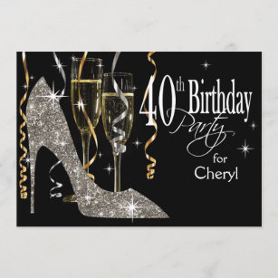 Glitter Stiletto Champagne 40th Birthday silver Invitation