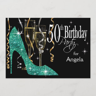 Glitter Stiletto Champagne 50th Birthday Teal Invitation