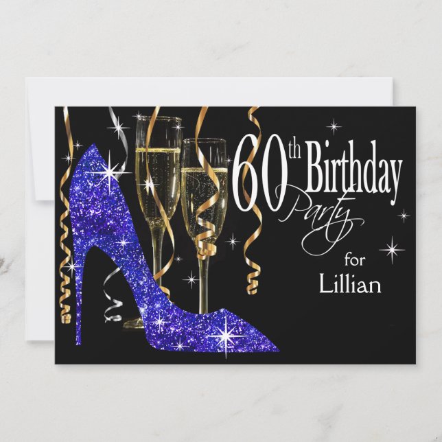 Glitter Stiletto Champagne 60th Birthday Blue Invitation (Front)