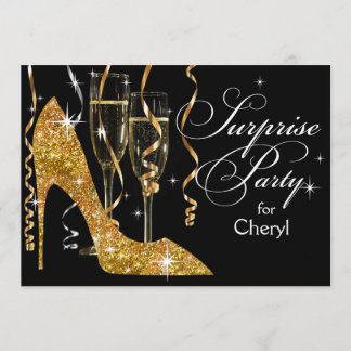 Glitter Stiletto Champagne Surprise Birthday gold Invitation