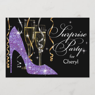 Glitter Stiletto Champagne Surprise Birthday lilac Invitation