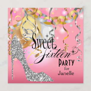 Glitter Stiletto Sweet 16 Party   pink silver Invitation