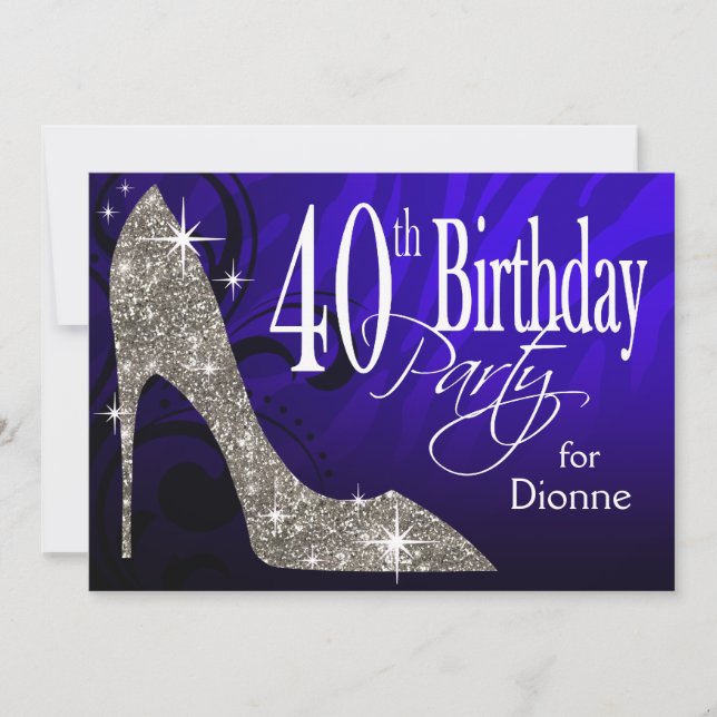 Glitter Stiletto Zebra 40th Birthday blue silver Invitation (Front)