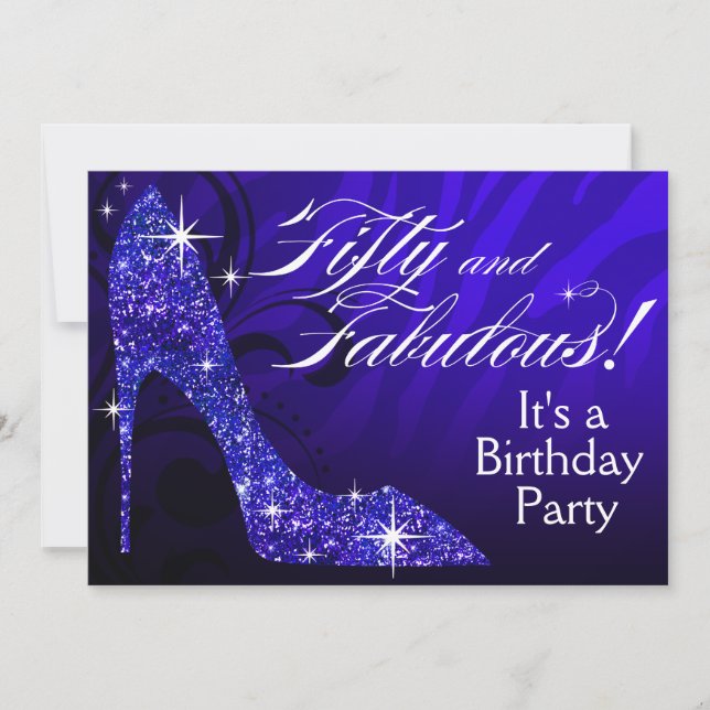 Glitter Stiletto Zebra 50 & Fabulous Birthday blue Invitation (Front)