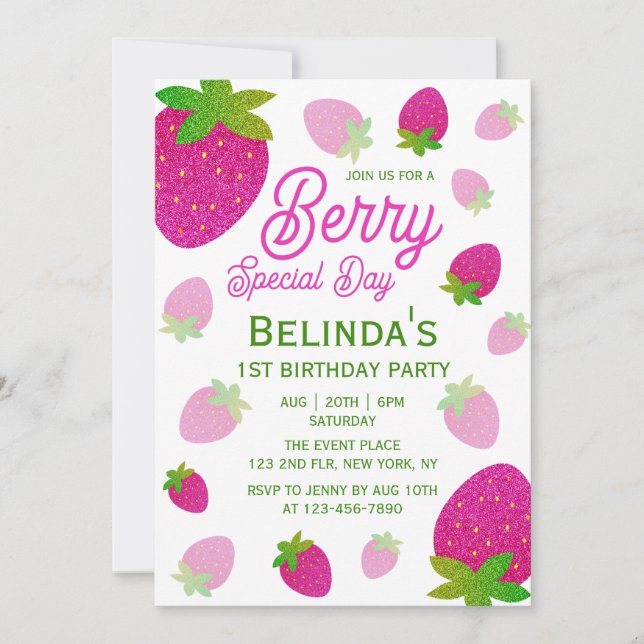 Glitter Strawberry Berry Special Day 1st Birthday Invitation (Front)