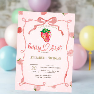 Glitter Strawberry Frame Pink Plaid Baby Shower  Invitation